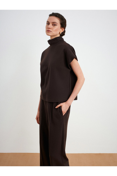 Dilvin 32148 Mock Neck Knitted Top-Dark Brown