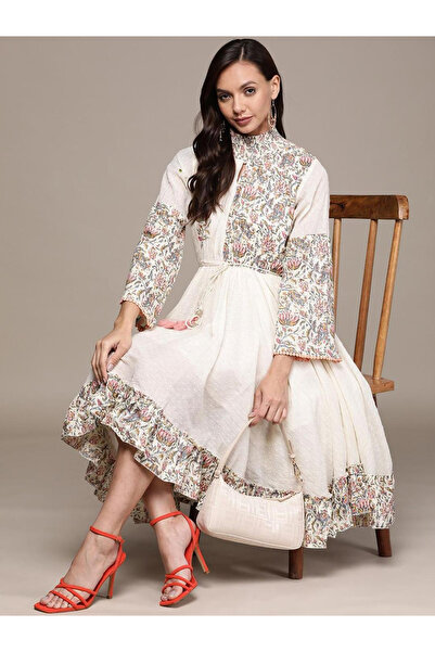 Ishin By Styli Printed Panel Dobby Knee Length Dress