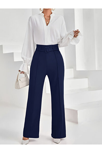 Take Two By Styli Solid High Rise Belted Straight Leg Pants