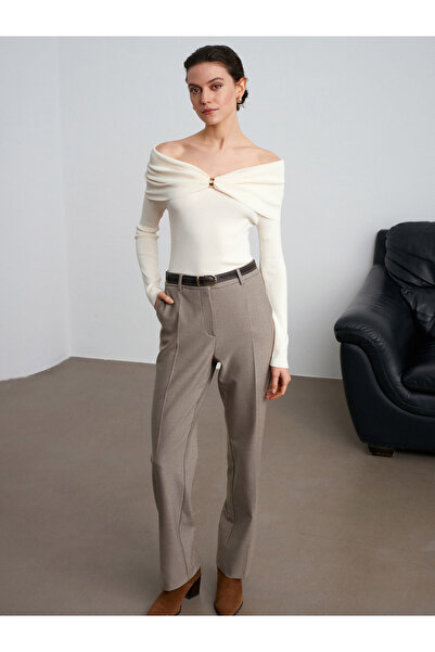 Dilvin 72208 Belted Melange Fabric Trousers-Stone