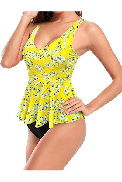 Dotail SHEKINI women's swimsuit, size L, 2 pieces, V-neck, floral pattern, yellow and black