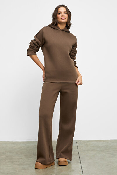 ETHIQUET Astrida Women's Cotton Fleece Lined K Hooded Regular Elastic Waist Wide Leg Brown Bottoms with Pockets