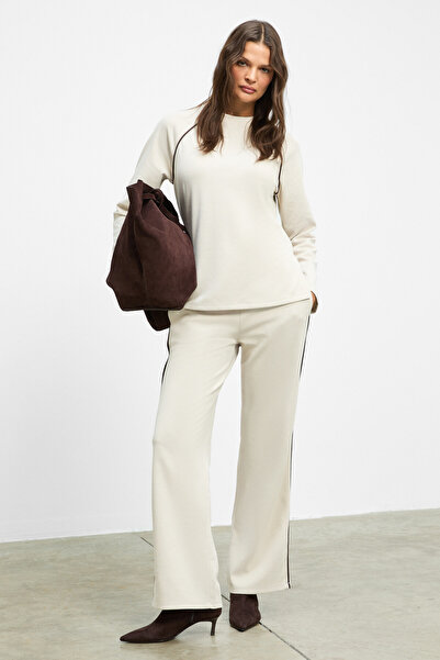 ETHIQUET Elsbeth Women's Crew Neck Slit Raglan Sleeves Oversized Elastic Waist Tube Leg Beige Top and Bottom Set