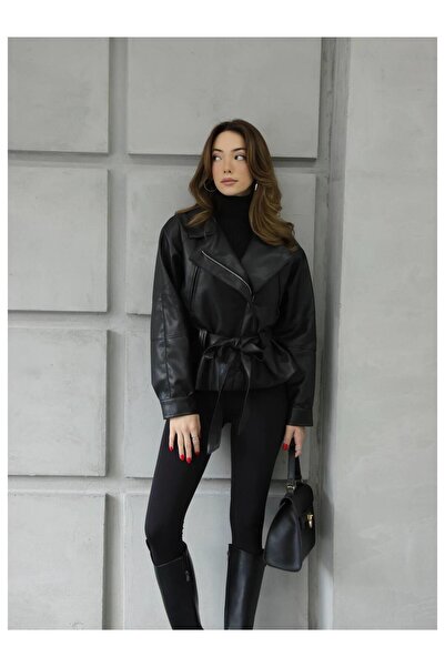 Coral Yandan Fermuarlı Yakalı Deri Ceket 0644 Siyah