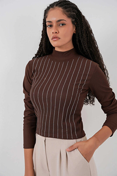 hazelin Γυναικείο καφέ μισό φορμάκι με πέτρες μπροστά HZL25W-BD19221