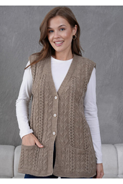 Stilmony Women's Knitwear Lace-Like Knit Mother's Wool Vest with Pocket Detail