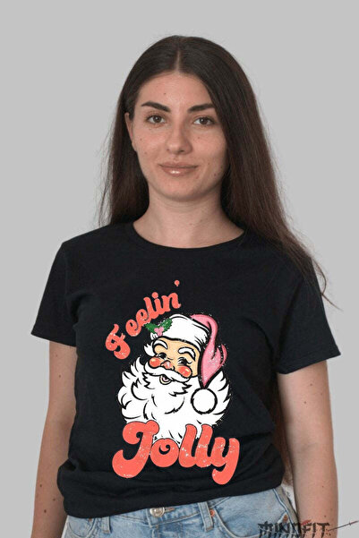 GILDAN Women's Feelin Jolly Christmas T-Shirt With Santa Claus