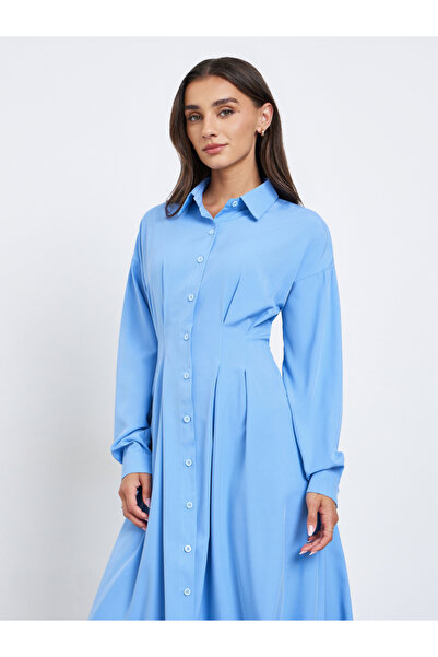 Styli Blue Midi Shirt Dress with Fold Pleat