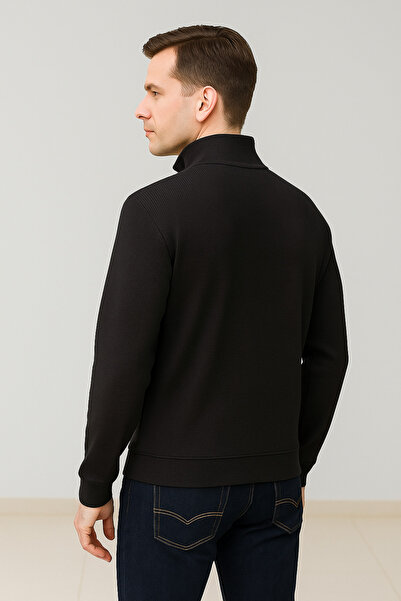 Maccali Men's Zippered Polo Neck Loose Long Black Knit Sweater