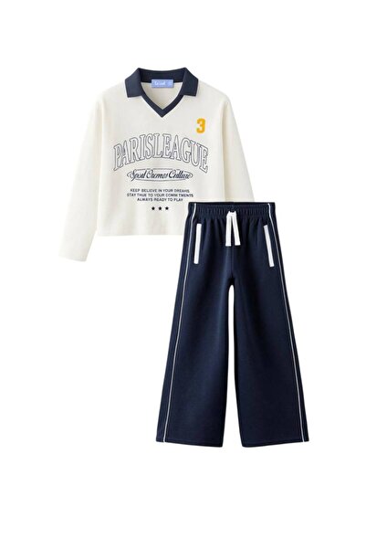 La ciel Paris Hei Navy Blue Slogan Polo Neck T-Shirt Wide Sweatpants Bottom Top Set Girl Child
