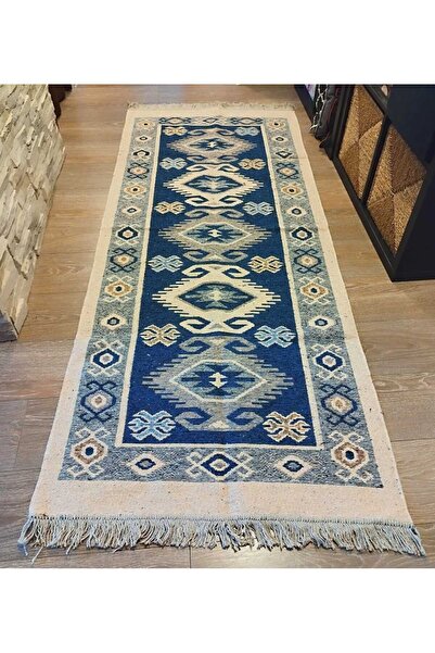 OEM Traditional woven double-sided rug, size 80 x 200 cm blue and cream 004
