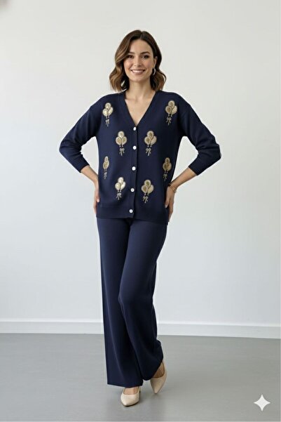 Cemre Life New Deux Two-Button Sequin Embroidery Detailed Knitwear Set