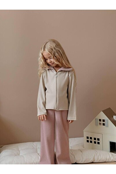RAPAPA Girl's Rib Fabric Zippered Top & Wide Leg Bottom Set – Beige / Dusty Rose 1411