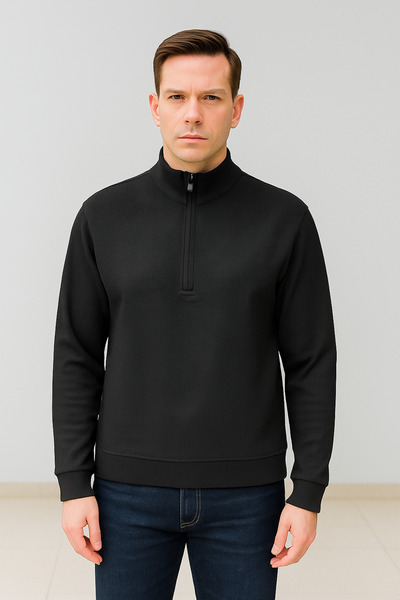 Maccali Men's Zippered Polo Neck Loose Long Black Knit Sweater