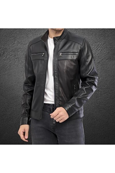 EVASİM Genuine Leather Men's Leather Coat (Black)