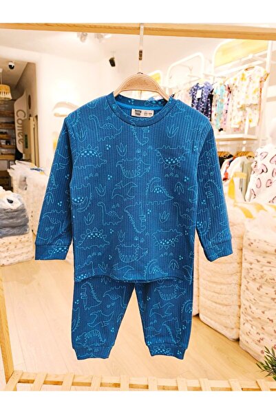 bunny hopp Boy's Dinosaur Patterned 100% Cotton Corded Fabric Interlock Cuffed Pajama Set