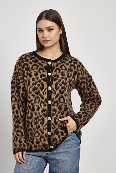 mahira collection Women's Crew Neck Leopard Pattern Buttoned Knitwear Cardigan
