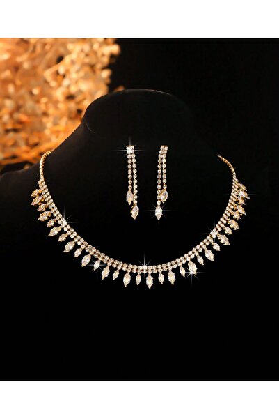 shopidik طقم أقراط وقلادة فاخرة من حجر الماركيز باللون الذهبي - مجوهرات الخطوبة والزفاف