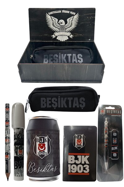 Beşiktaş Original Licensed Black Box Pencil Sharpener Wooden Boxed 6-Piece Stationery Set