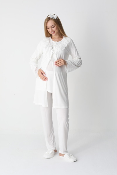 ERDENİZ TEKSTİL Lace Robe Maternity-Pregnant Pajama Set 3-Piece Set