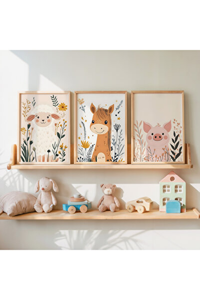 İkona Design Studio Çocuk Odası Çiçekli Hayvan Ahşap Çerçeveli 3'lü Poster Ta...