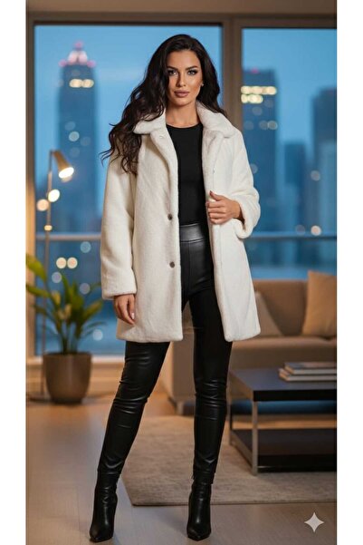 MODA Γούνινο σακάκι με γιακά από τρίχα λαγού και κουμπιά, σε εκρού χρώμα