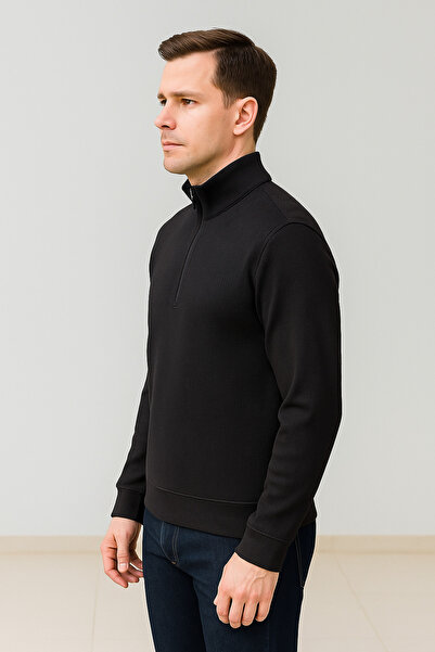 Maccali Men's Zippered Polo Neck Loose Long Black Knit Sweater