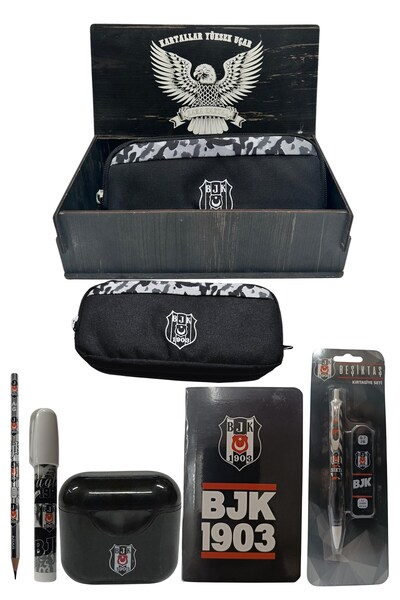 Beşiktaş Original Licensed Black Air Pencil Sharpener Wooden Boxed Stationery Set of 6