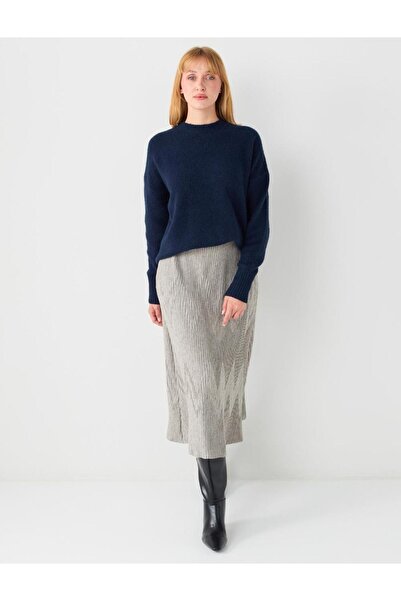 Jimmy Key Beige Regular Waist Pleated Soft Textured Knitted Midi Skirt