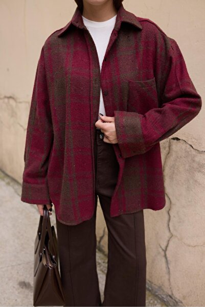 Zey Studio Kadın Bordo Tek Cep Detaylı Ekoseli Oduncu Gömlek