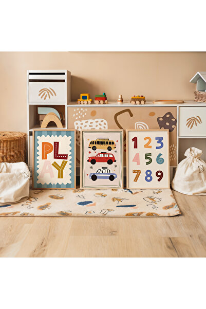 İkona Design Studio Çocuk Odası Arabalar Ahşap Çerçeveli 3'lü Poster Tablo Se...