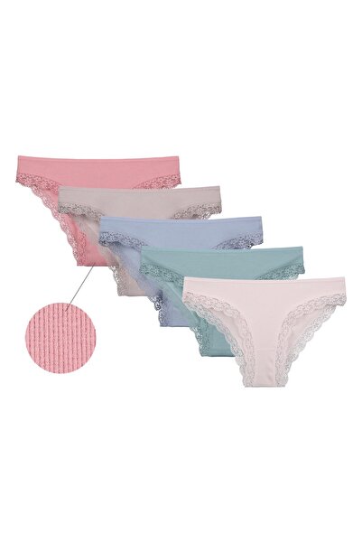 Donella Pachet de 5 chiloți din bumbac material elastic tricotaj cu striații pentru femei 1932P