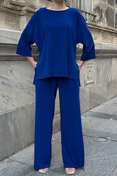 bacc Cobalt Comfortable Fit Crew Neck Blouse and Loose Pants Modal Fabric Bottom Top Set Bcvl-25V233
