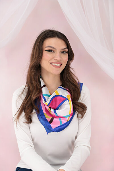 Trend Land Esarfa patrata satinata cu bordura indigo si imprimeu colorat