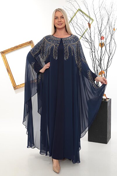 MİSS DİAMOND Zarif Taş İşlemeli Lacivert Abaya Elbise
