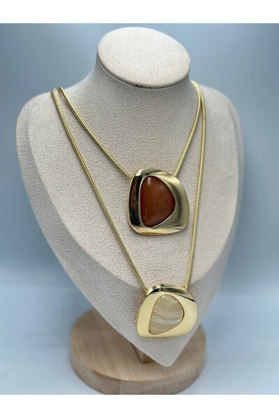 MyladyAccessoriess Geometrik Detaylı ZR Model Çelik Kolye (50Cm) Bej