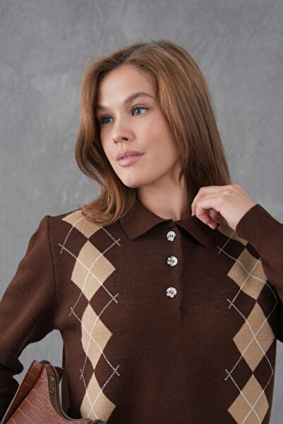 Miss Allos Women's Buttoned Front Diamond Pattern Knit Sweater