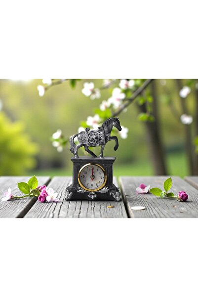 e-life shop Lüks İşlemeli Saatli At Heykeli Dekoratif Masaüstü Biblo Yeni Yen...