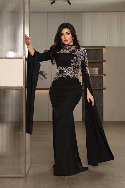 Zena Fashion Lüx Pelerin Kollu Taş İşlemeli Couture Abiye