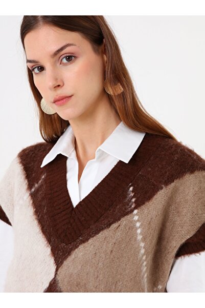 Benin Πουλόβερ με λαιμόκοψη σε σχήμα V με μοτίβο μπακλαβά - Καφέ -