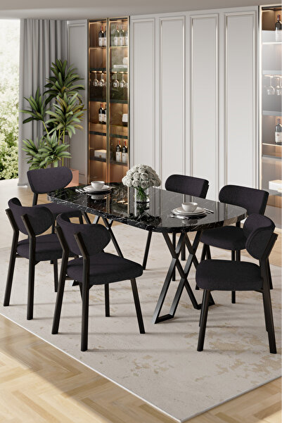 Canisa Axton Serisi Sabit Mdf 90x168 Siyah Mermer Desen Mutfak Masa Takımı 6 ...