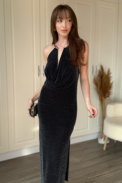 Dilay Gökoğlu Butik Φόρεμα με λεπτομέρεια στην πλάτη, χαμηλό κούρεμα και ρυθμιζόμενο άνοιγμα Glitter φόρεμα