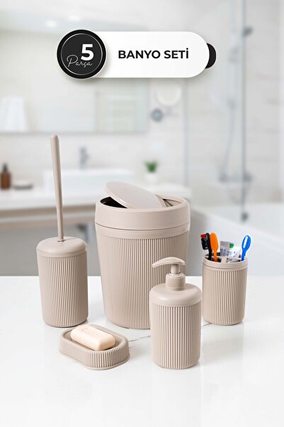 Homekolik 5 Parça Kahverengi Plastik Banyo Seti – Çöp Kovası, Klozet Fırçası,...