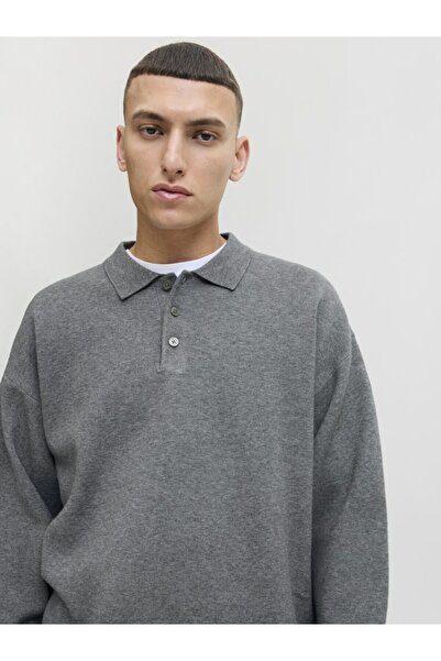 Jack & Jones Men's Gray Jprblabradfort Knit Polo Sweater & Cardigan 12285374-Medium Gray