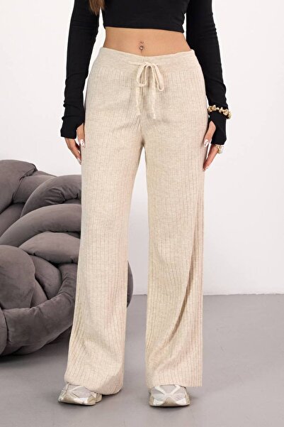 MY DEPO Women's Waist Tie Wide Leg Corded Fabric Knitwear Trousers