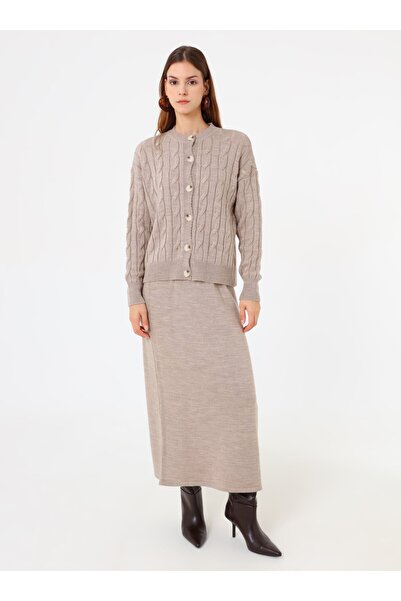Refka Hair Braid Patterned Cardigan & Skirt Knitwear Set - Mink -