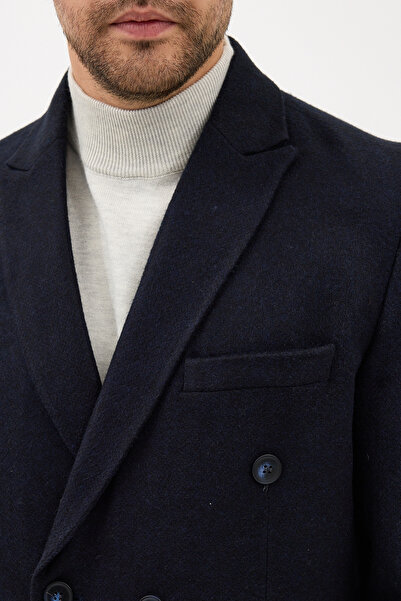 Frappoli Pagano Men's Dark Navy Blue Double-Breasted Pointed Collar Slim Fit Cashmere Coat