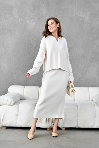 Park Karon Women's Polo Neck Half Placket Oversized Sweater Pants Knitwear Bottom-Top Set