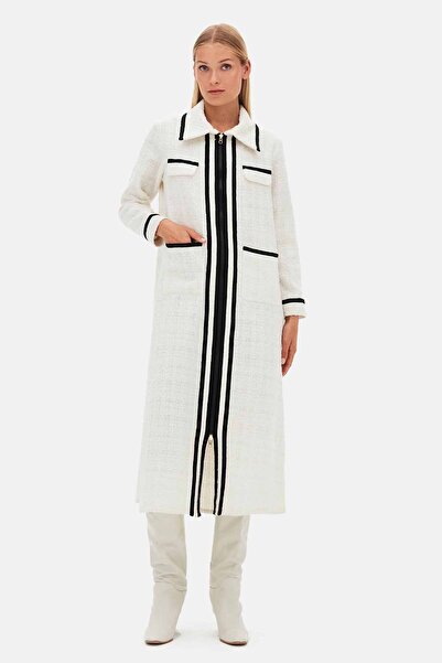 MISS DALIDA Fermuarlı Uzun Ekru Tüvit Ceket