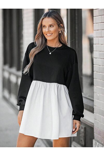 Afri Women's Black Top with White Skirt Detail Sweat Dress – Hijab & Casual Wear Compatible, Comfortable Fit Long Sleeve